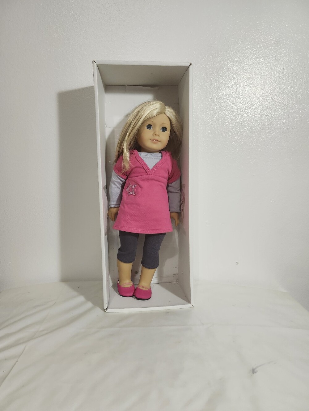 American Girl Pink Doll Outfit with Gray Leggings and Pink Shoes